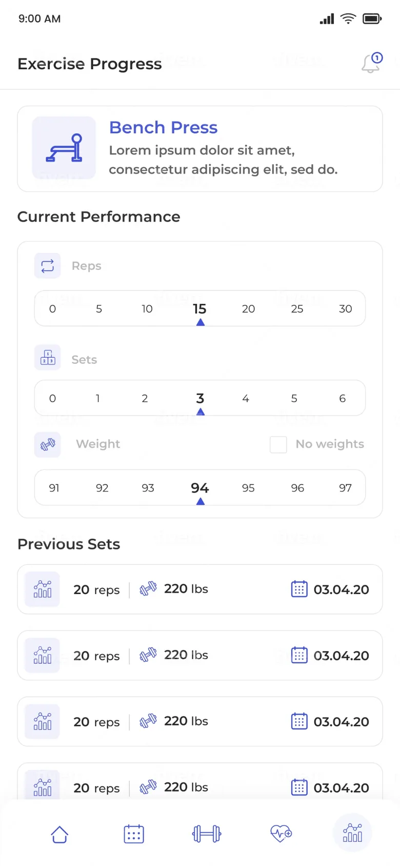 NeverSkip in 2021: the exercise progress screen for bench press, with reps, sets and weight pickers and a list of previous sets
