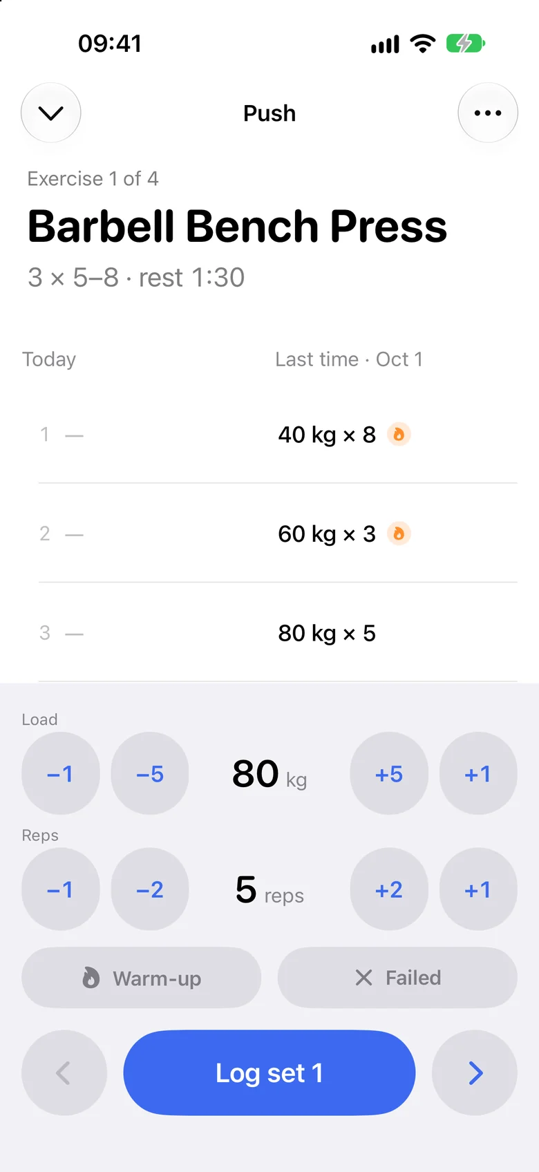 NeverSkip workout player with today’s sets of barbell bench press next to last time’s