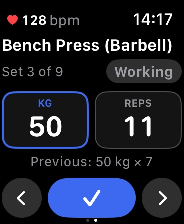 NeverSkip on Apple Watch, ready to log the next set